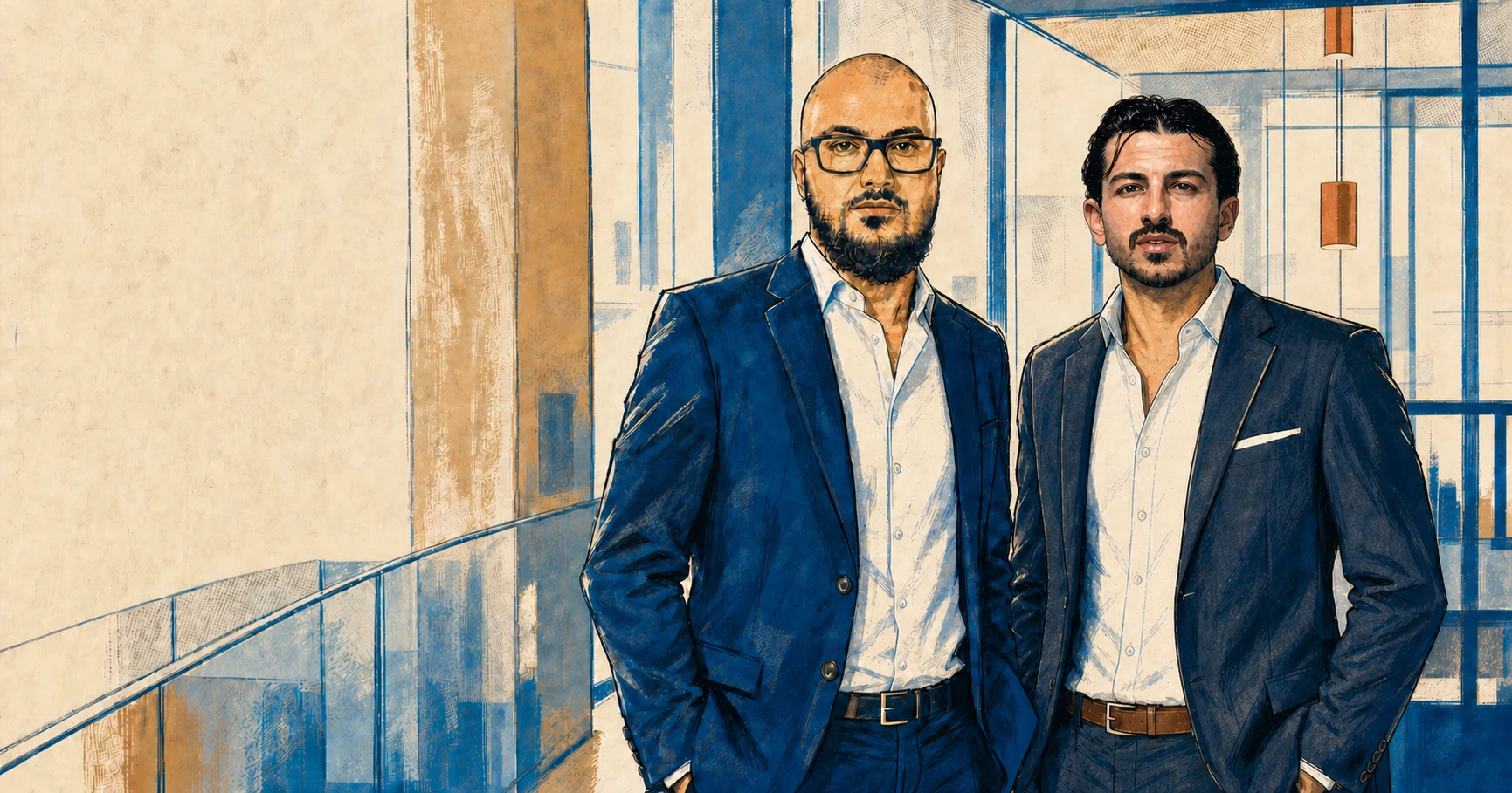 Grafisch stilisierte Gründerkarikatur von Steffen Dorsch und Berat Kutulmann in einer modernen Büroumgebung